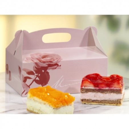 Caja repostería cartón rosado c/flor 23x16x9 cm (15 und)